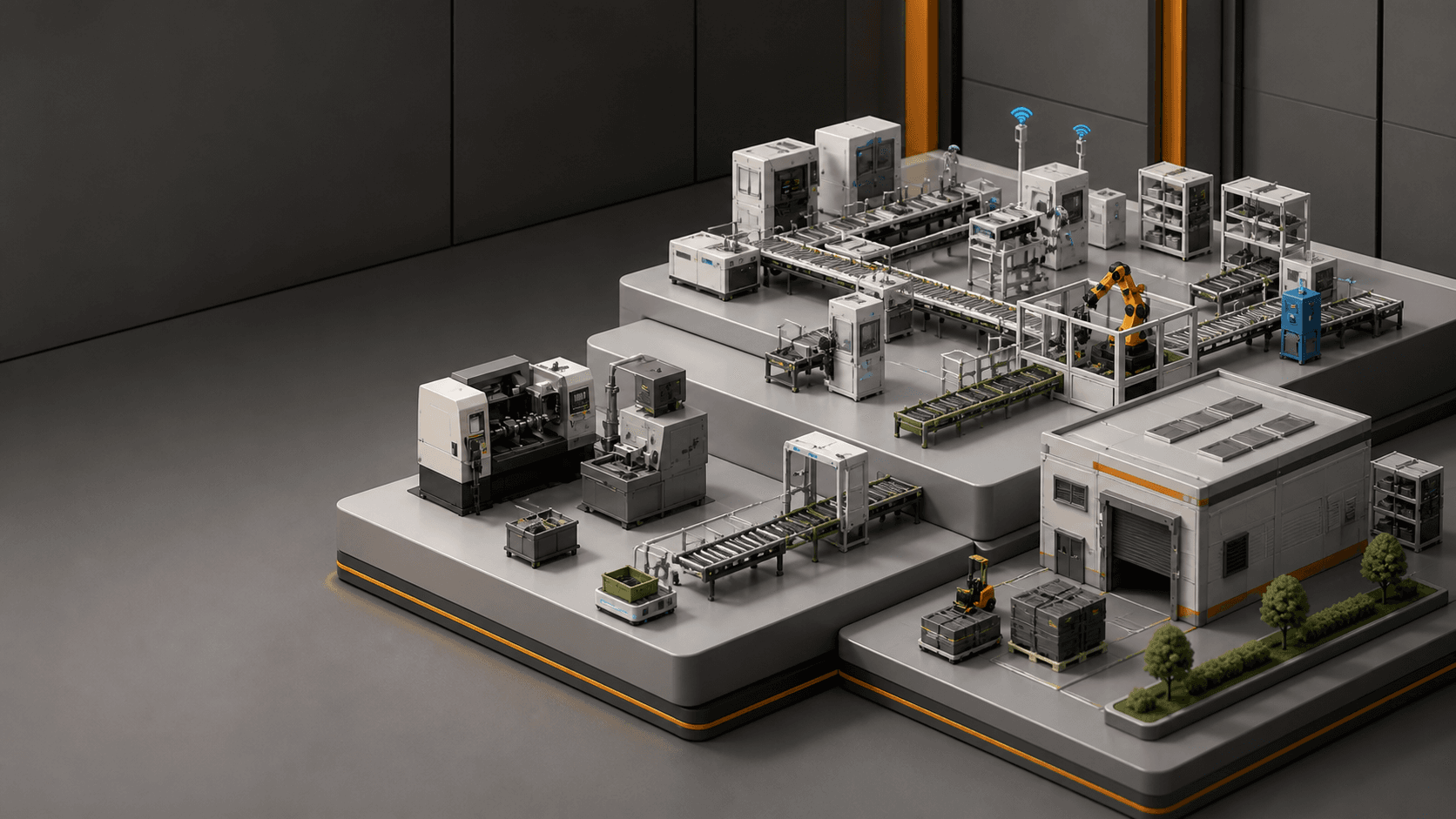 Illustrated smart factory with automated production lines and robotic machinery
